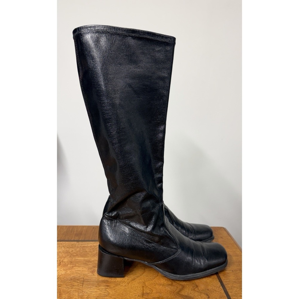 Vtg 99s Michelle D Women's 9 Black Leather Square Toe Knee High Pull On Boots
